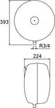 Rundes Druckausdehnungsgefäß in schematischer Darstellung. Maße und Anschlüsse sind sichtbar. Produkt von IMI Hydronic Engineering.